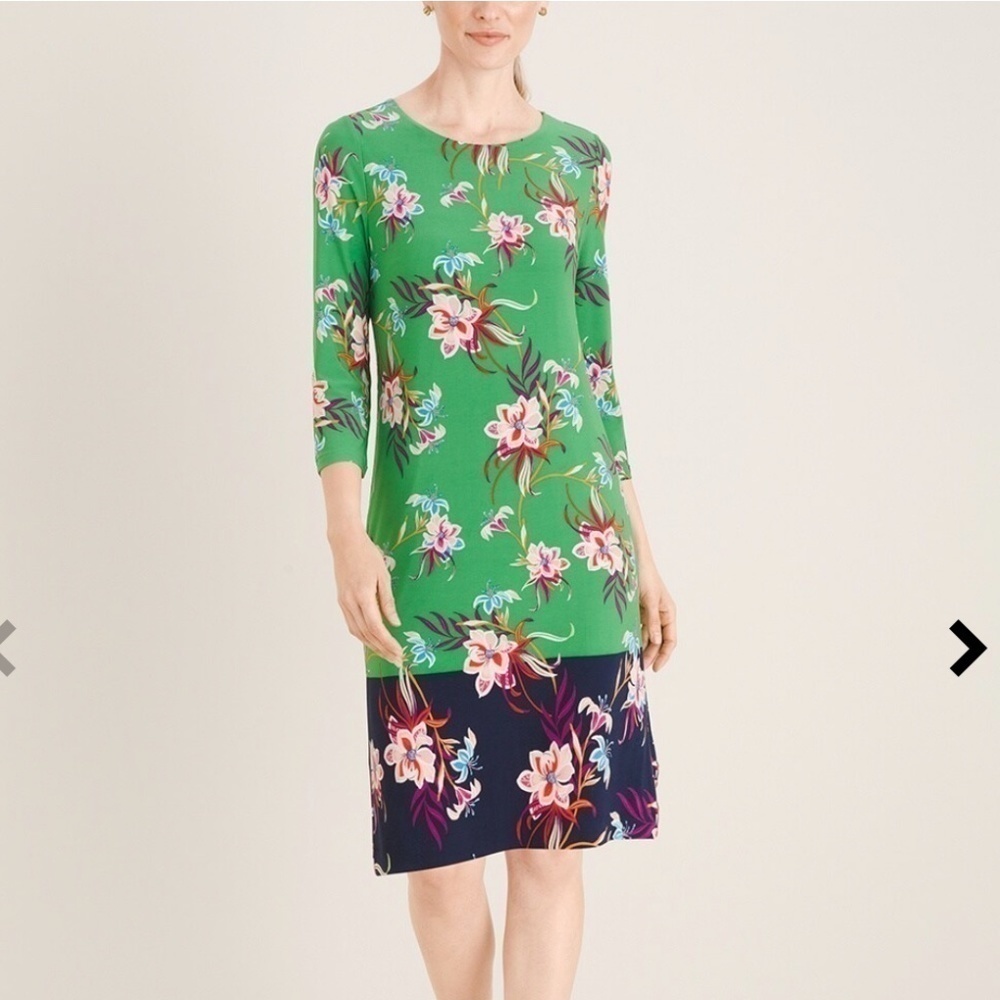 Chicos Petite Shift Dress 3/4 Sleeve Round Neck Tunic Style Green Navy Floral 0P